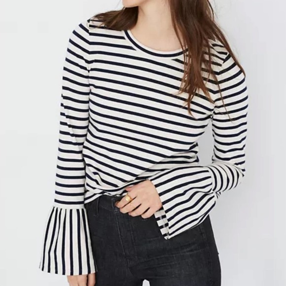 Madewell Tops - Madewell Striped Play Ruffle Cuff Top Black Cream Size XS